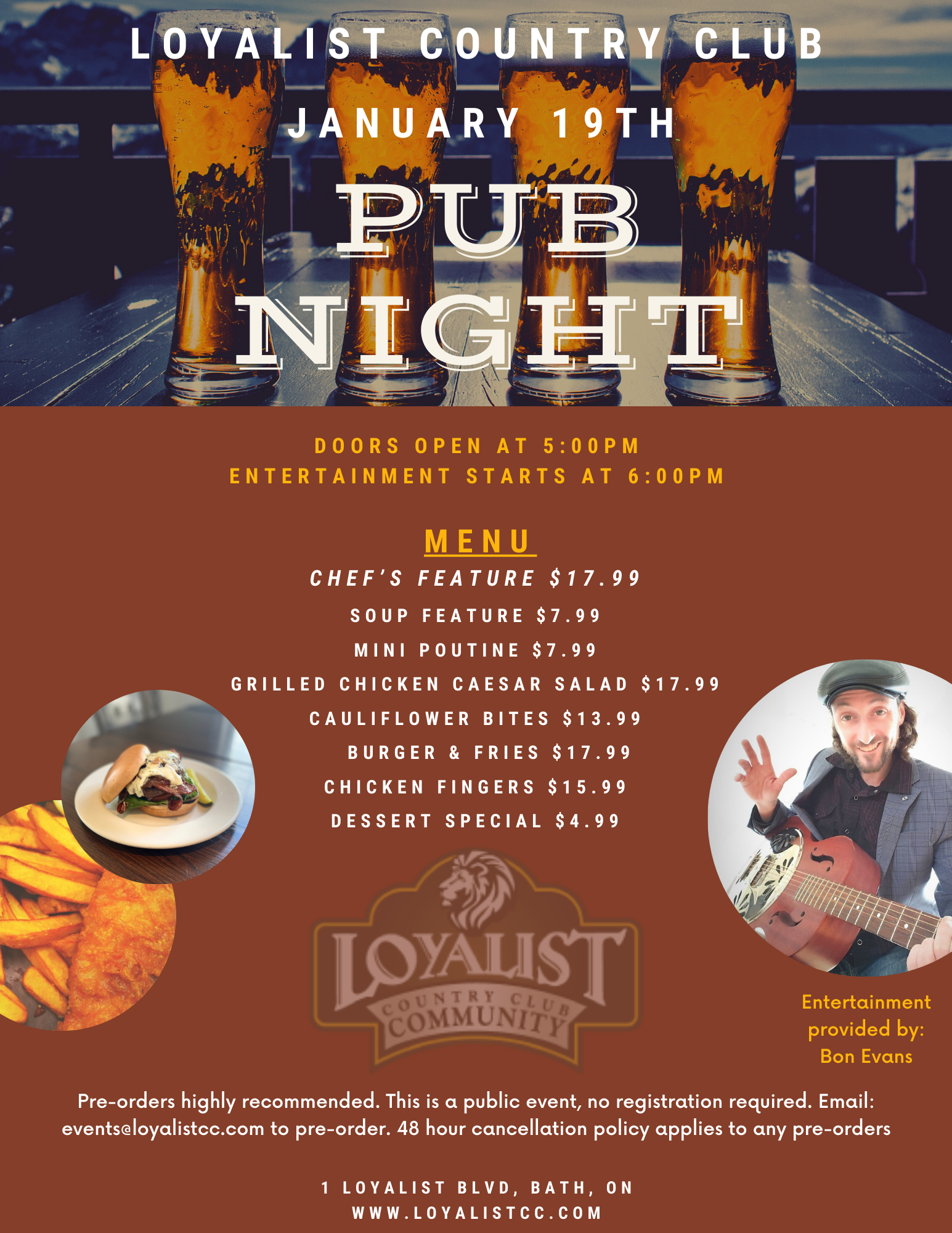 Pub Night at LCC. Entertainment provided by Bon Evans. Doors open at 5:00pm