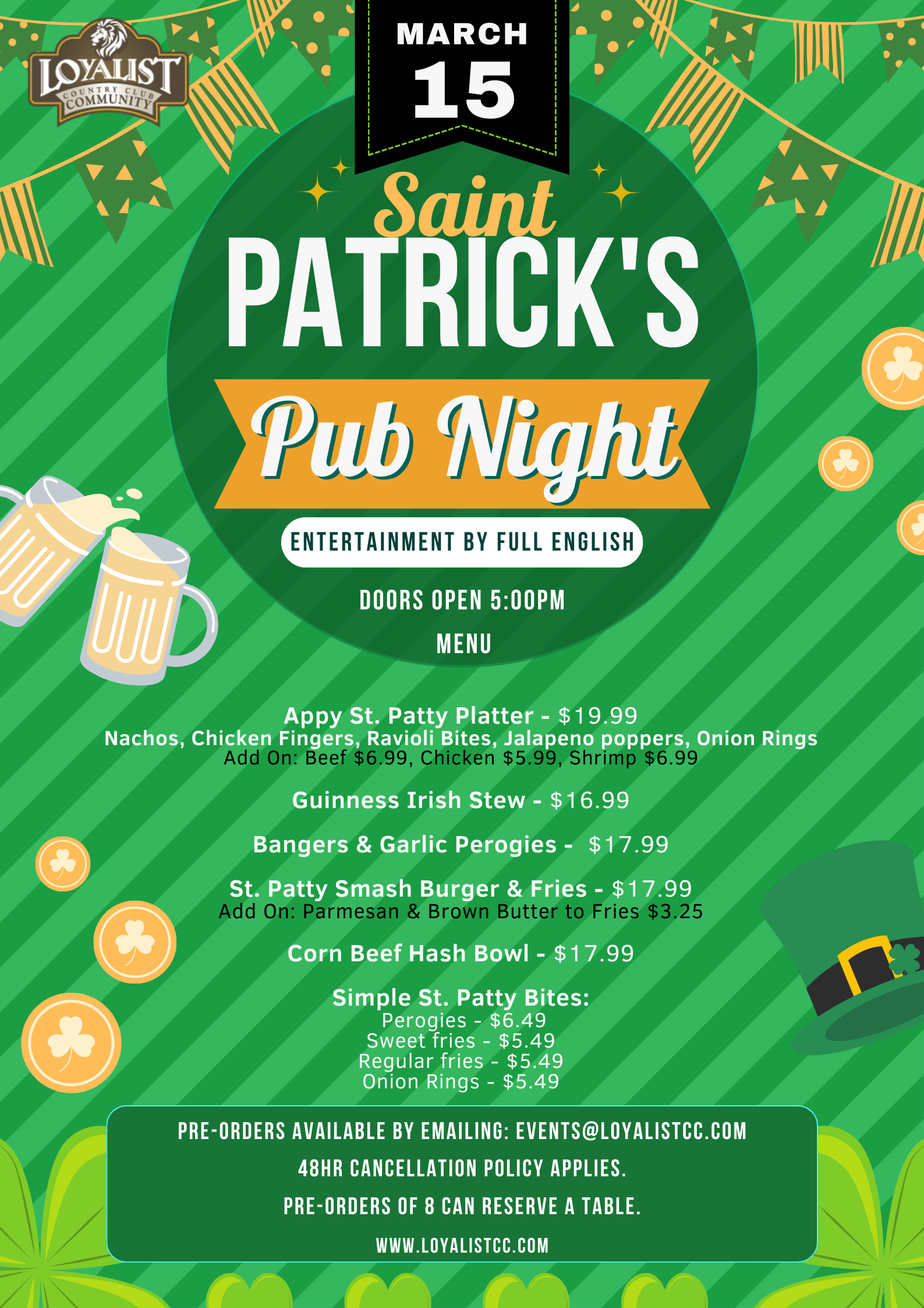 Loyalist Country Club hosting St. Patrick's Pub Night on March 15th, 2024