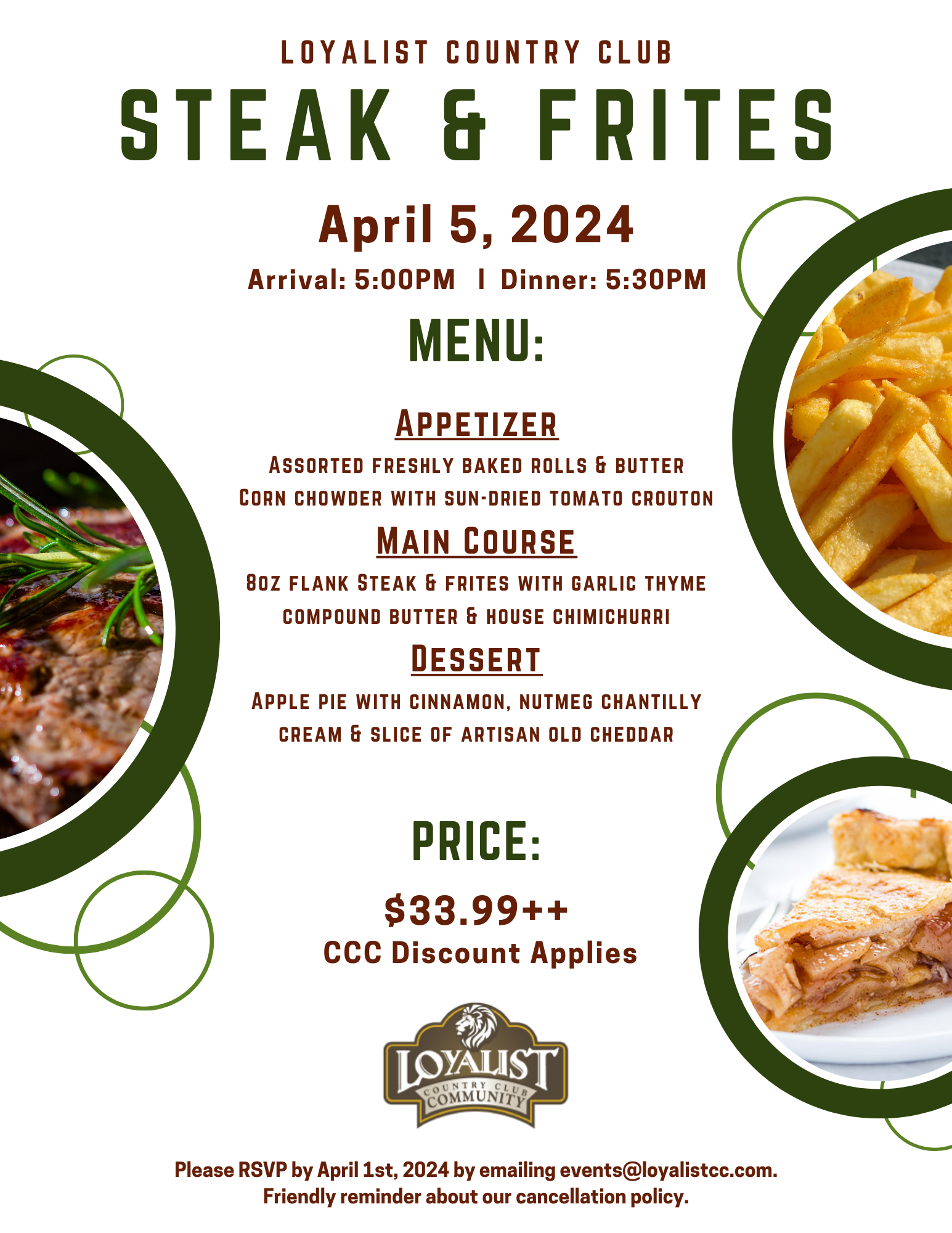 Loyalist Country Club is hosting Steak & Frites night on April 5th, 2024
