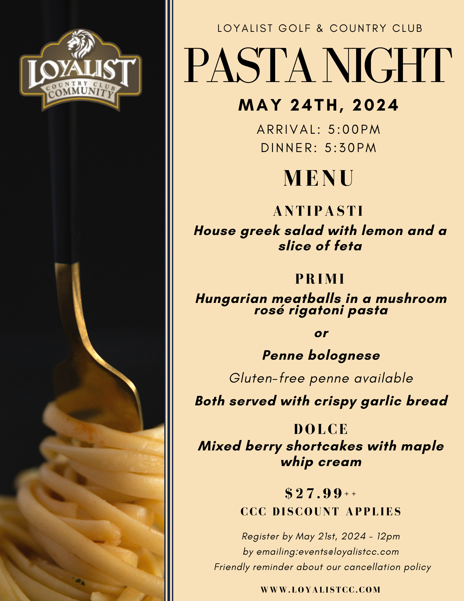 Loyalist Country Club is hosting a Pasta Night on May 24th
