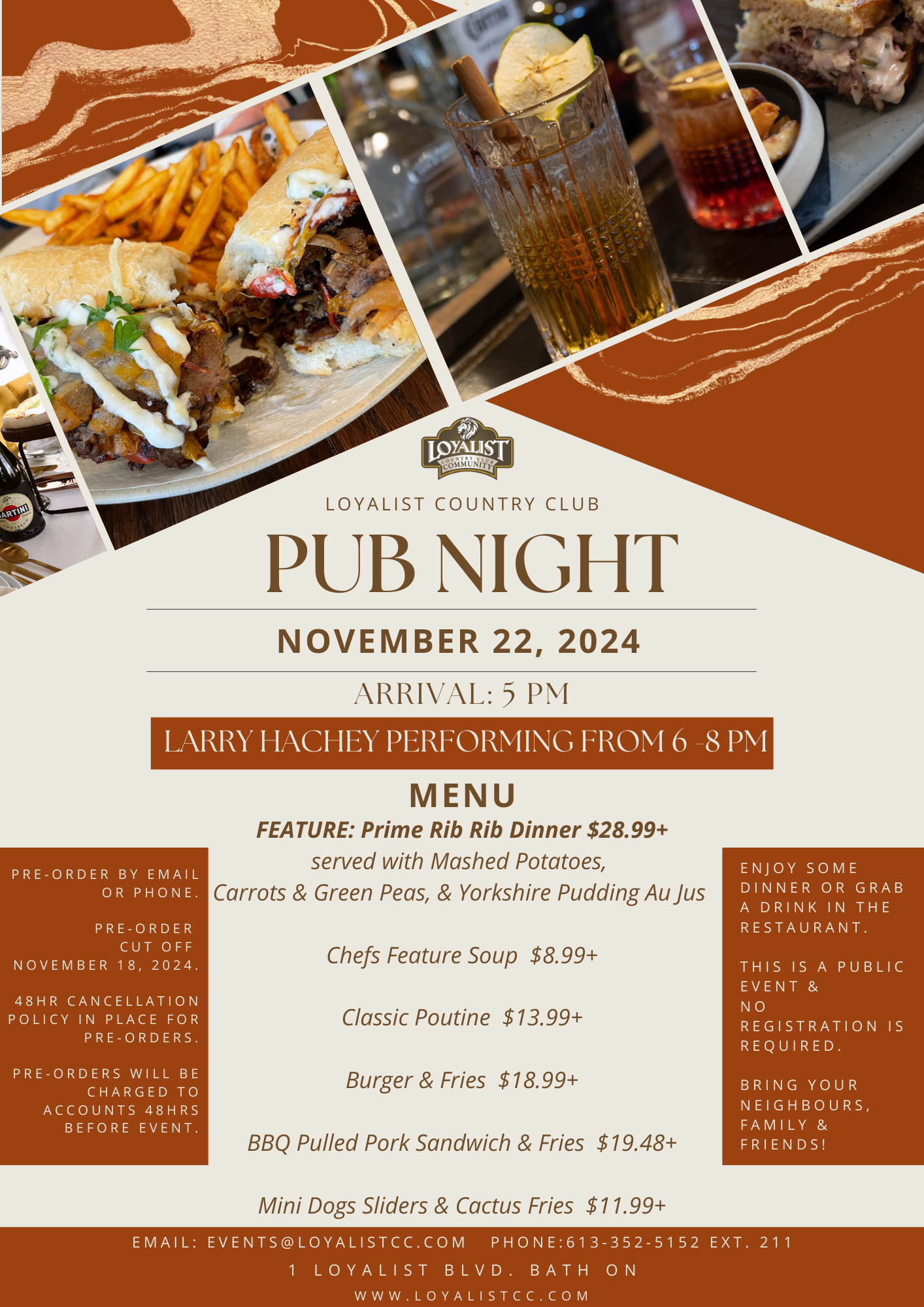 Loyalist Country Club is hosting Pub Night on November 22, 2024 featuring a Prime Rib Dinner