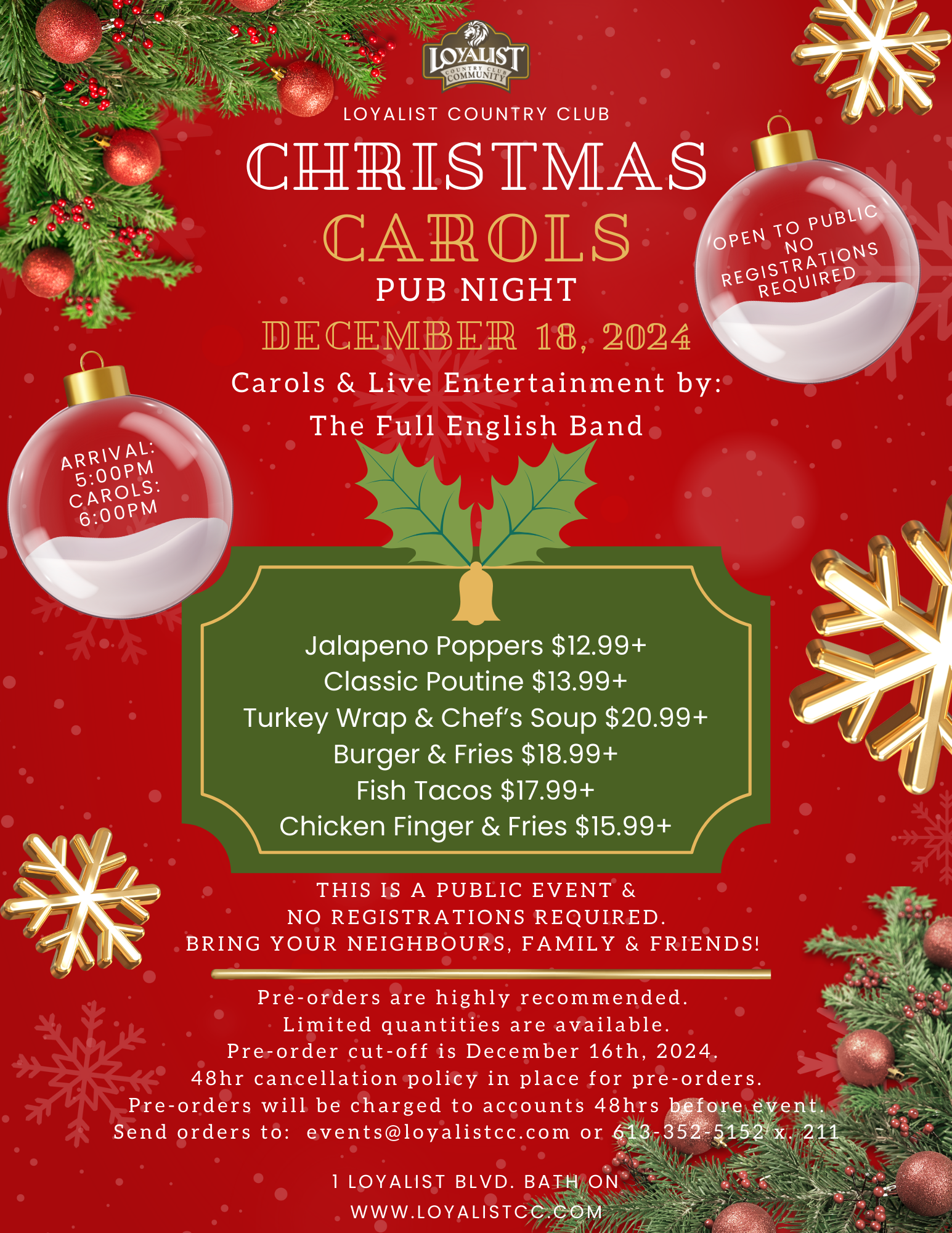 Loyalist is hosting Christmas Carols Pub Night on December 18th, 2024