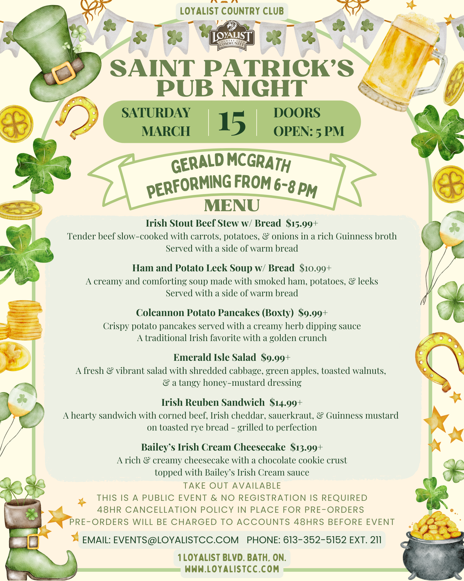 Loyalist Country Club is hosting Saint Patrick's Pub Night on March 15, 2025