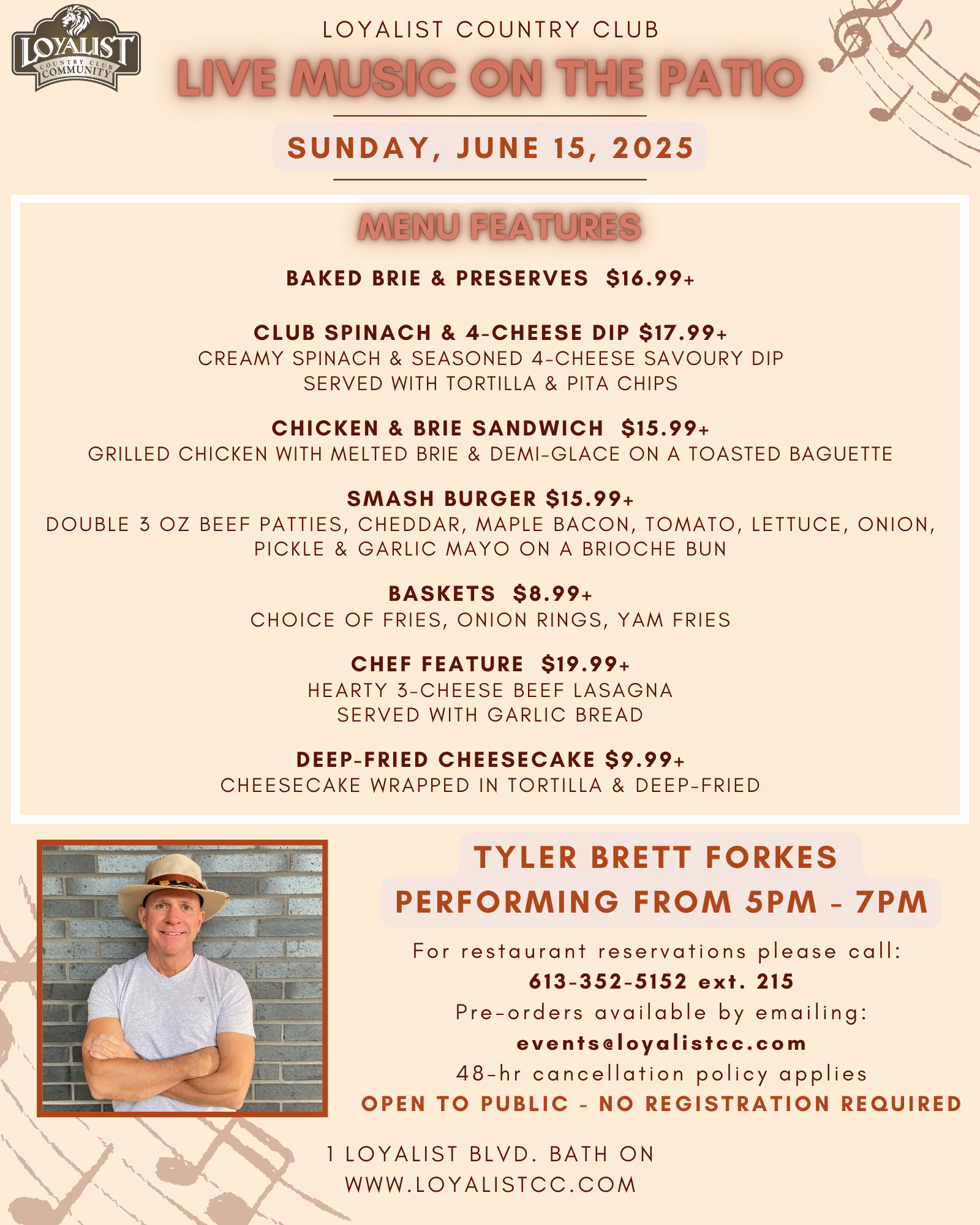 Loyalist Country Club is hosting Live Music On The Patio featuring Tyler Brett Forkes on June 15, 2025