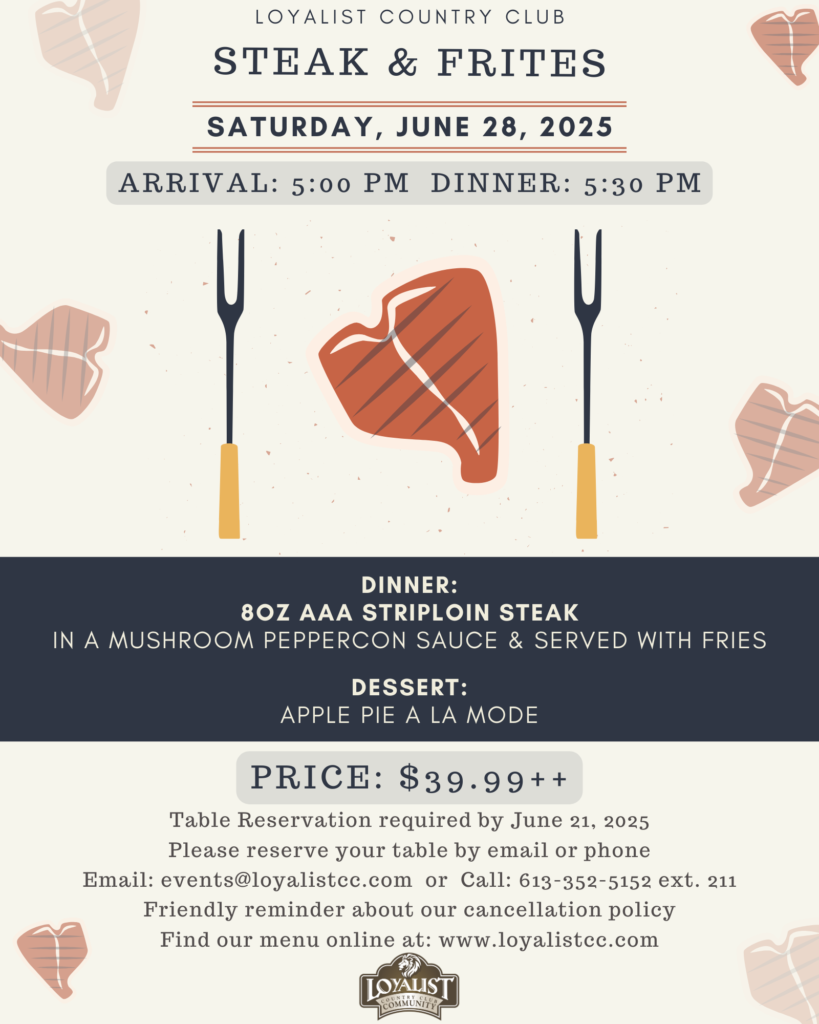 Loyalist Country Club is hosting Steak & Frites night on June 28th, 2025