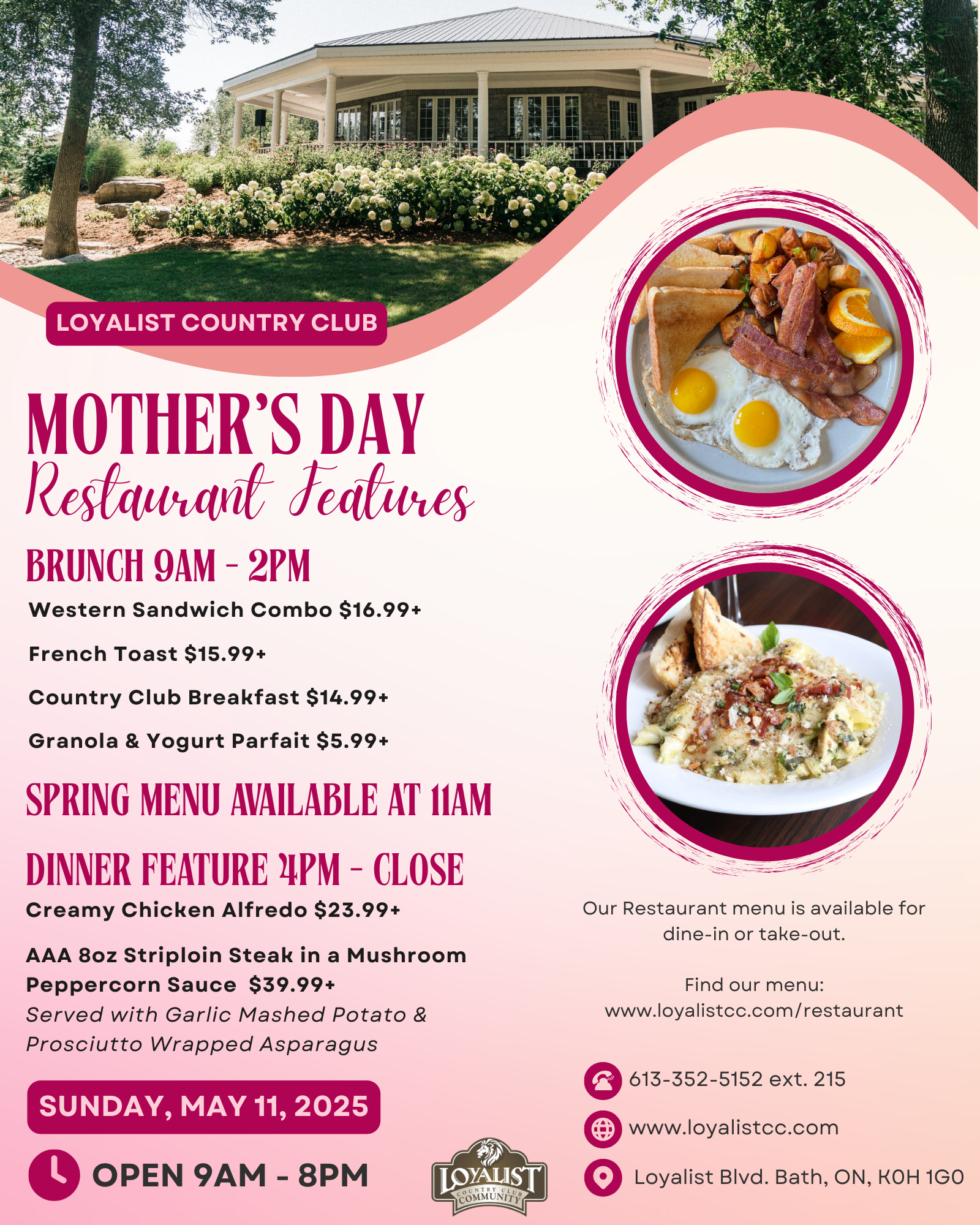 Join us at Loyalist Country Club for our delicious Mother's Day restaurant features