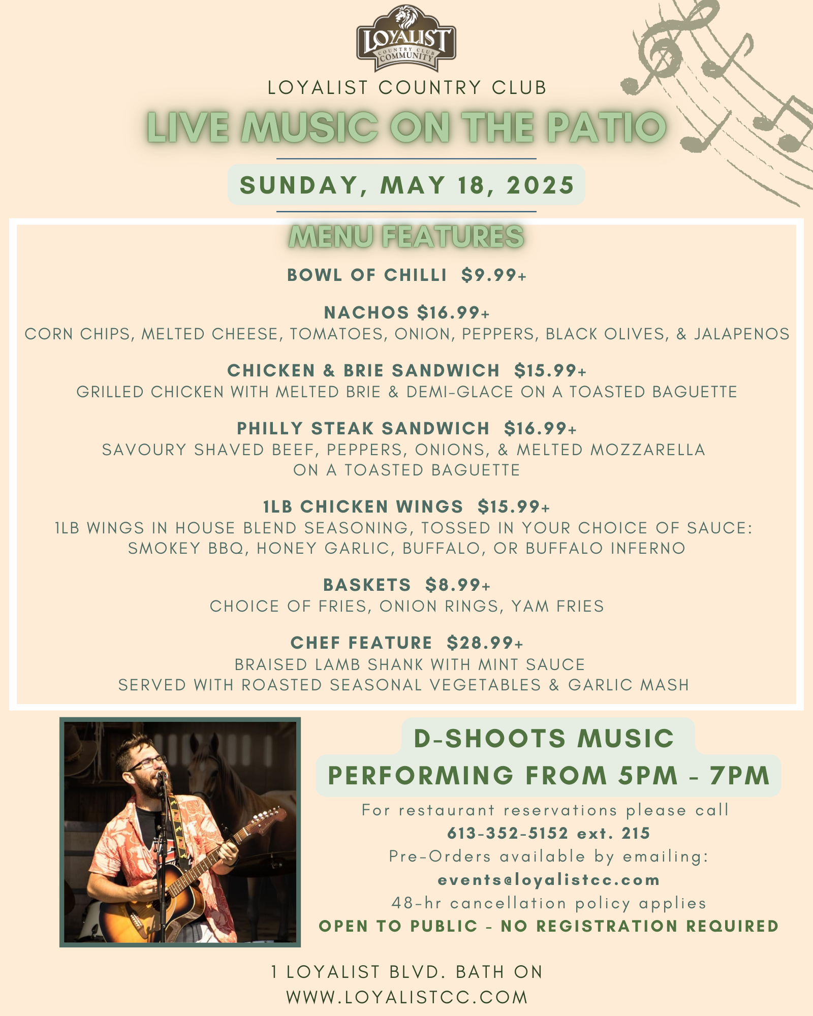 Loyalist Country Club is hosting Live Music On The Patio featuring D-Shoots Music on Sunday, May 18th, 2025