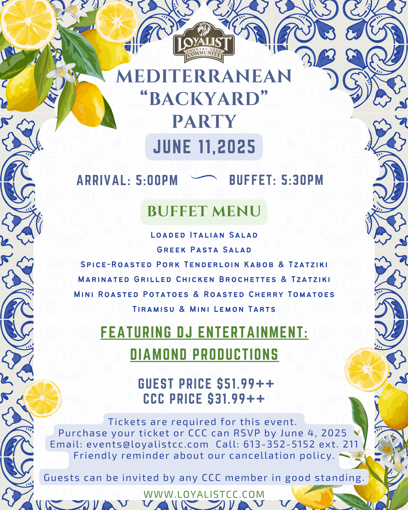 Loyalist Country Club is hosting a Mediterranean themed Backyard Party event on June 11, 2025