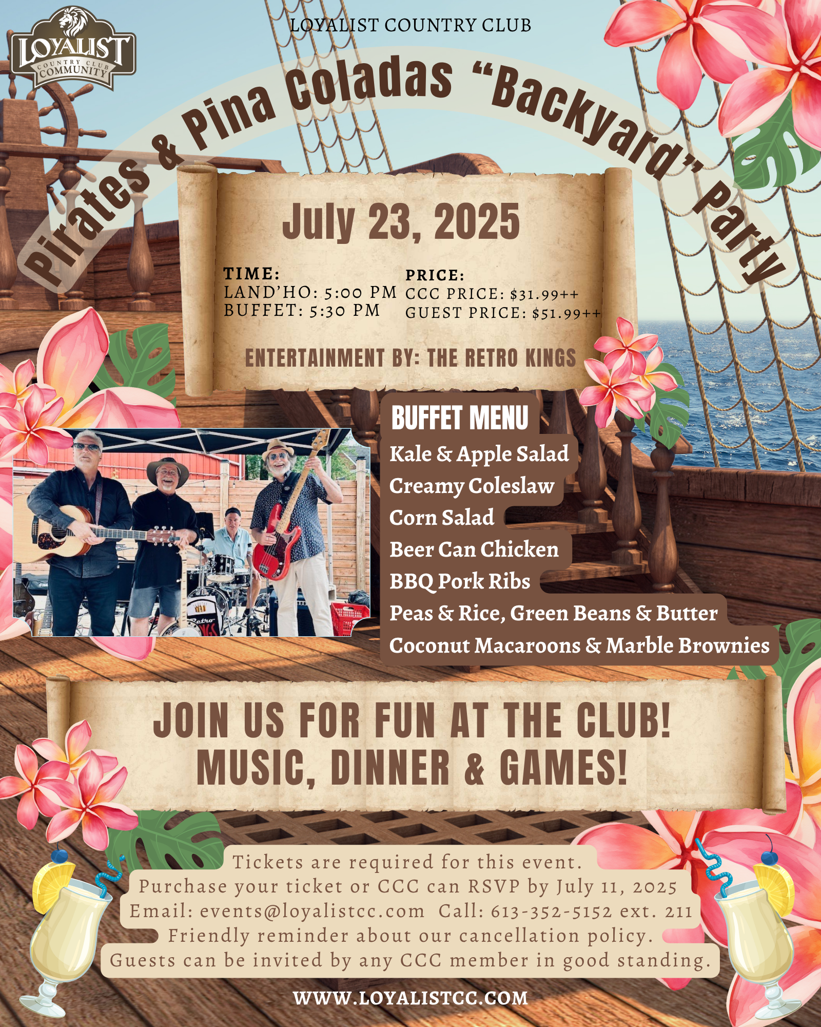 Loyalist Country Club is hosting a Pirates & Pina Coladas Backyard Party on July 23rd, 2025