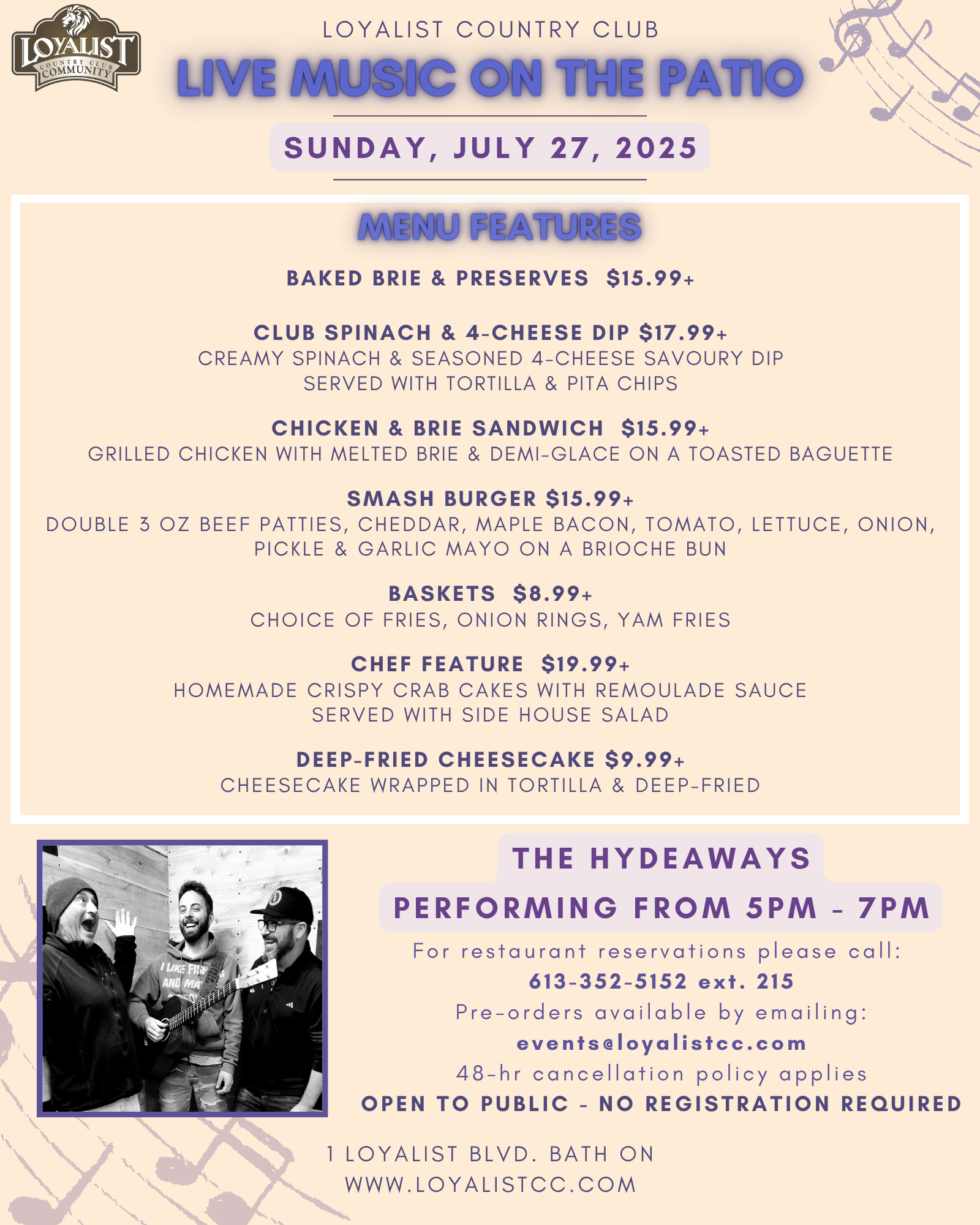 Loyalist Country Club is hosting Live Music on the Patio featuring entertainment from The Hydeaways on July 27, 2025