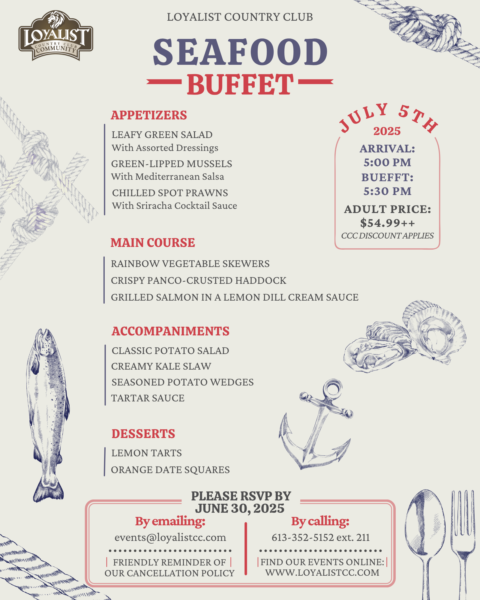 Loyalist Country Club is hosting a Seafood Buffet Night on July 5th, 2025