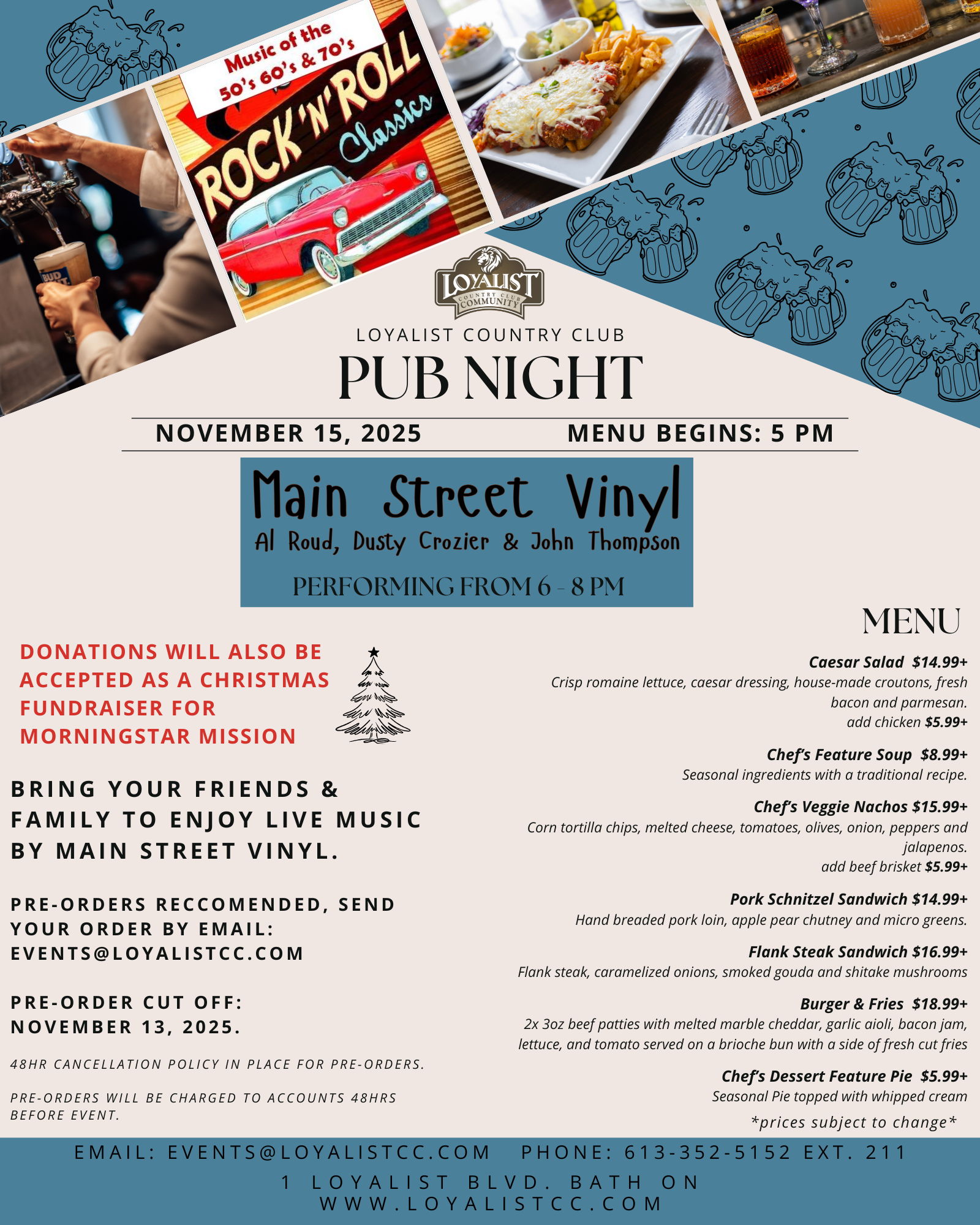 Loyalist Country Club is hosting a Pub Night featuring Main Street Vinyl on November 15, 2025